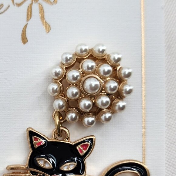 CANVAS Black Cat Dangle Drop Earrings Gold Tone Faux Pearl Studs NWT - Picture 6 of 6